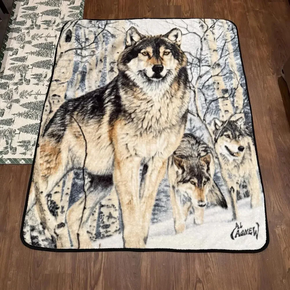 Vintage 80s/90s RARE Al Agnew Snowy Wolves Wolf‎ Art Fleece Throw Blanket 60x48